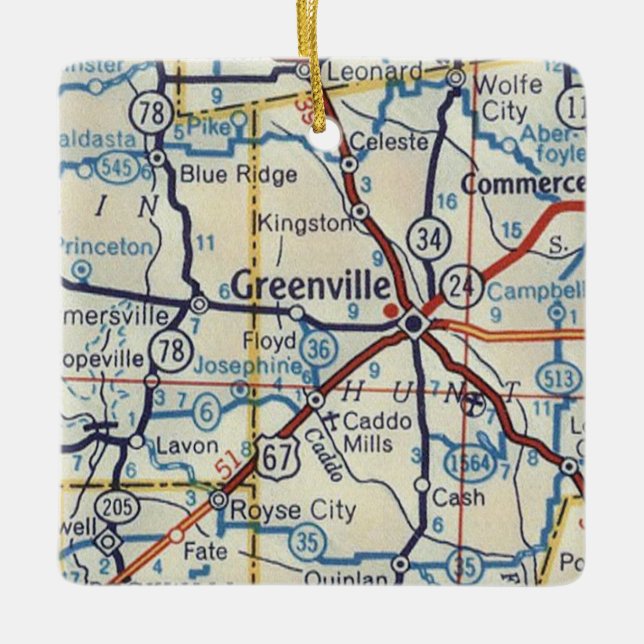 Greenville Texas Vintag Map Keramikornament (Vorderseite)