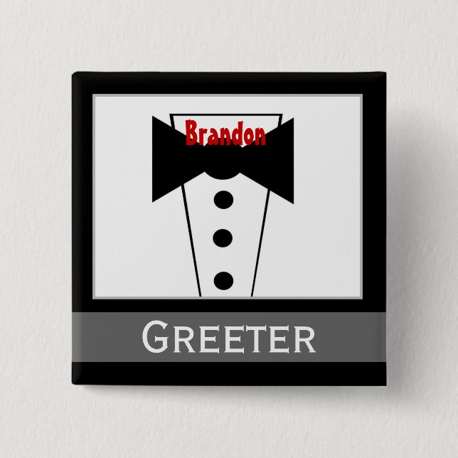 Greeter - individueller Nametux-Hochzeits-Knopf Button (Vorderseite)