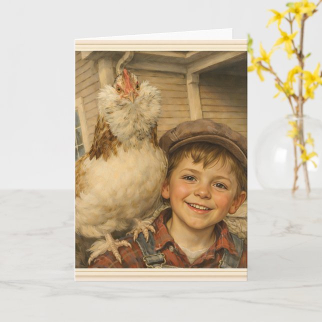 Greeting Card -Cute Boy With Chicken  Karte (Gelbe Blume)