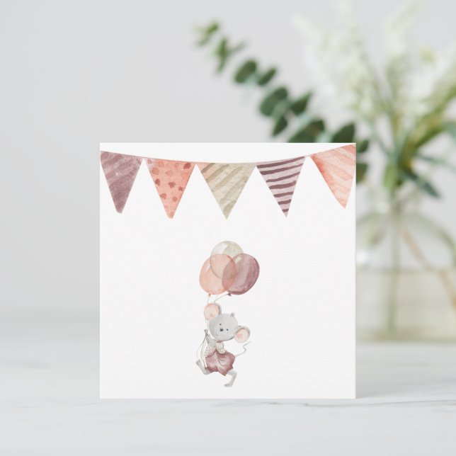 Greeting Card - Little Mouse With Balloons Karte (Stehend Vorderseite)