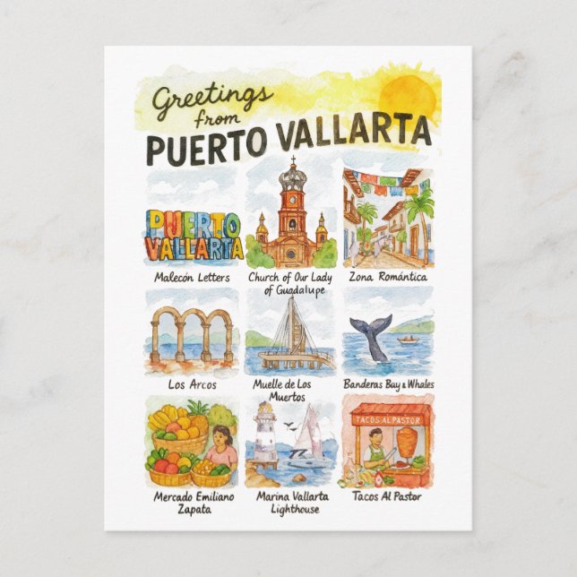 Greetings from Puerto Vallarta | Watercolor Travel Postkarte (Vorderseite)