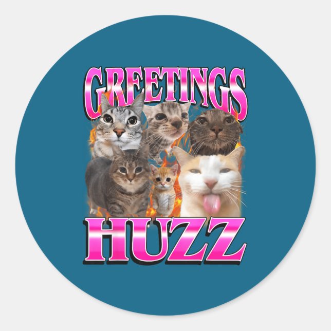 Greetings Huzz Funny Cat Meme Bootleg Graphic Men  Runder Aufkleber (Vorderseite)