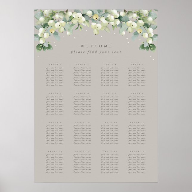 Greige 20x28" 16 Tische von 8 Seating Chart Poster (Vorne)