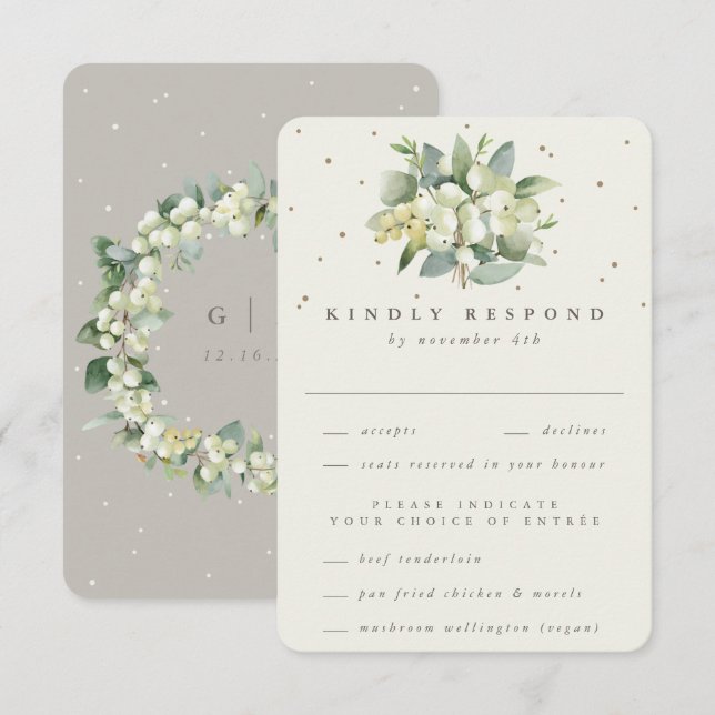 Greige/Cream Snowberry+Eucalyptus Bouquet Wedding RSVP Karte (Vorne/Hinten)