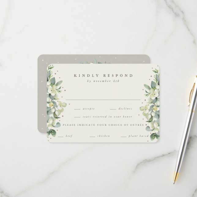 Greige/Cream Snowberry+Eucalyptus Ewedding RSVP Karte (Vorderseite/Rückseite Beispiel)