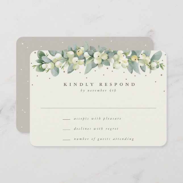 Greige/Cream Snowberry+Eucalyptus Garland Wedding RSVP Karte (Vorne/Hinten)
