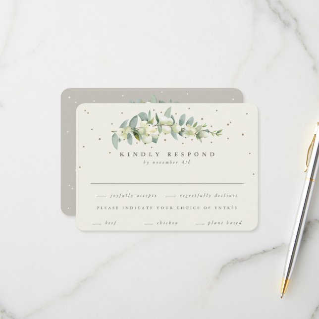 Greige/Cream Snowberry+Eucalyptus Stem Wedding RSVP Karte (Vorderseite/Rückseite Beispiel)