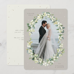 Greige/Cream Snowberry+Eucalyptus Wedding Foto Dankeskarte