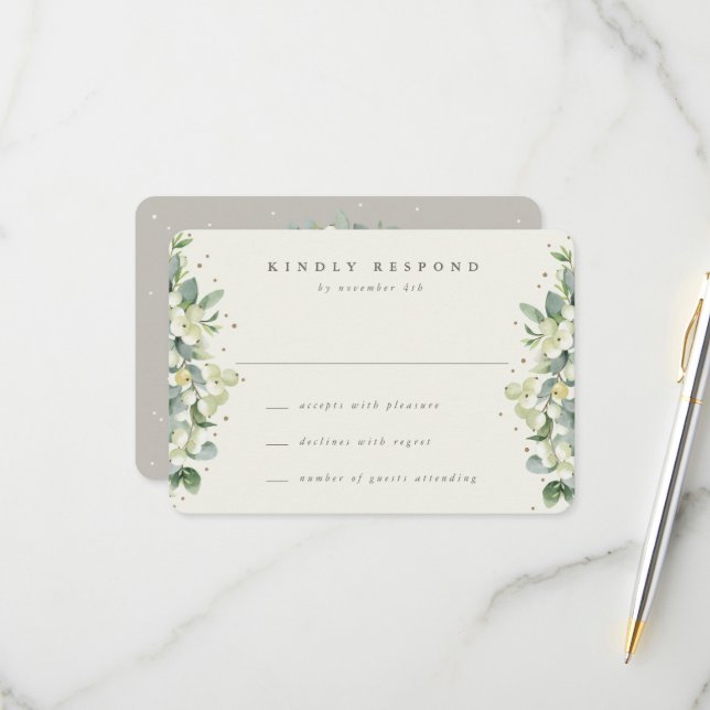 Greige/Cream Snowberry+Eucalyptus Wedding RSVP Karte (Vorderseite/Rückseite Beispiel)