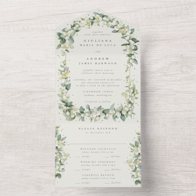 Greige/Cream Snowberry+Eucalyptus Winter Wedding All In One Einladung (Innen)