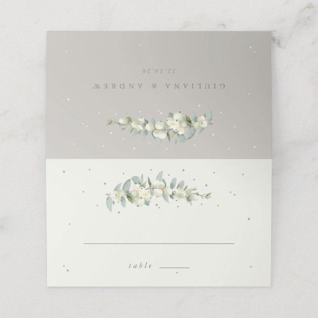 Greige/Cream Snowberry+Eucalyptus Winter Wedding Platzkarte (Außenseite Aufgefaltet)