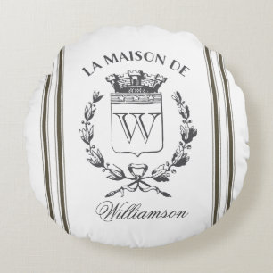 Greige Grain Sack Custom Familienwappen Round Pill Rundes Kissen