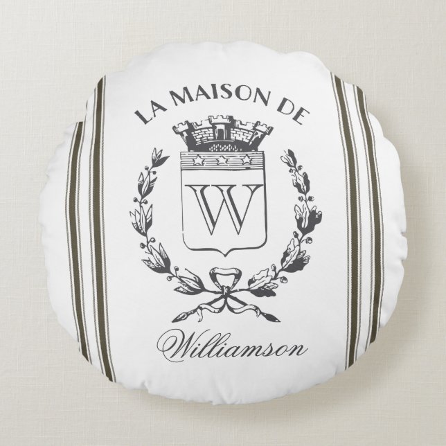 Greige Grain Sack Custom Familienwappen Round Pill Rundes Kissen (Vorderseite)
