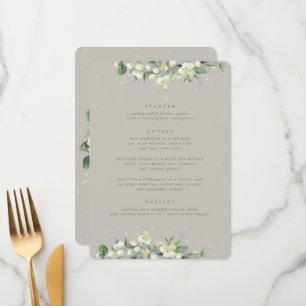 Greige Schneebeere + Eukalyptus 3 Gänge Hochzeitst Menükarte