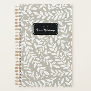 Greige Sketched Floral Leaf Jahr und Name Planner Planer