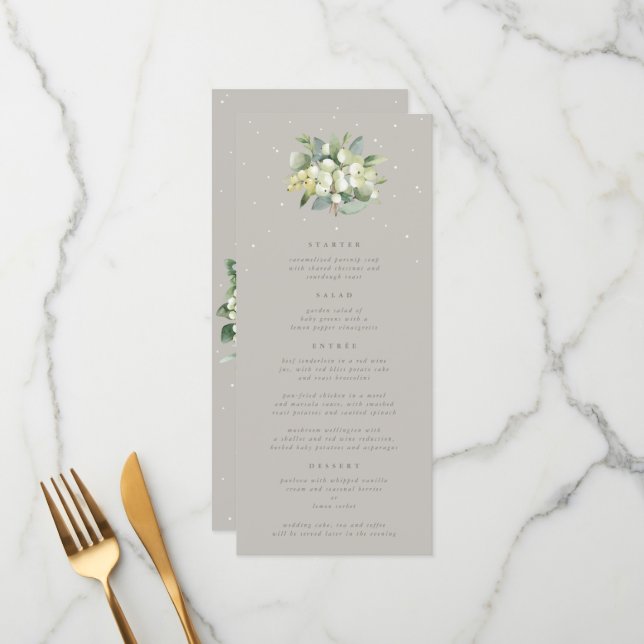 Greige Snowberry+Eucalyptus 4 Course Wedding Flat Menükarte (Vorderseite/Rückseite Beispiel)