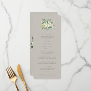 Greige Snowberry+Eucalyptus 4 Course Wedding Flat Menükarte