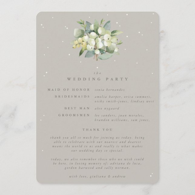 Greige Snowberry+Eucalyptus Bouquet Winter Wedding Programm (Rückseite)