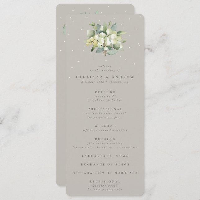 Greige Snowberry+Eucalyptus Bouquet Winter Wedding Programm (Vorne/Hinten)
