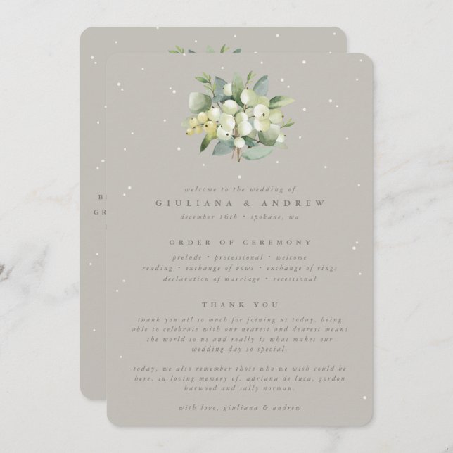 Greige Snowberry+Eucalyptus Bouquet Winter Wedding Programm (Vorne/Hinten)