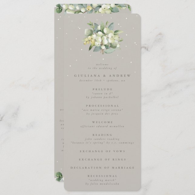 Greige Snowberry+Eucalyptus Bouquet Winter Wedding Programm (Vorne/Hinten)