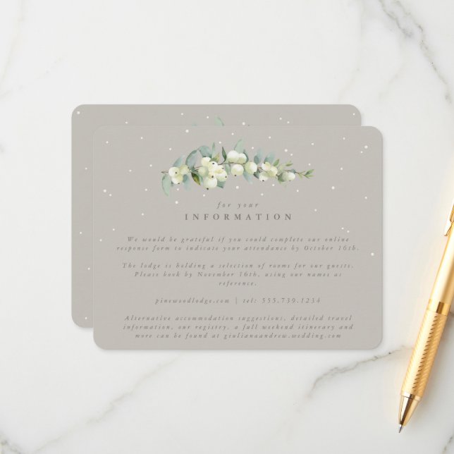 Greige Snowberry+Eucalyptus Stem Wedding Info Begleitkarte (Vorderseite/Rückseite Beispiel)