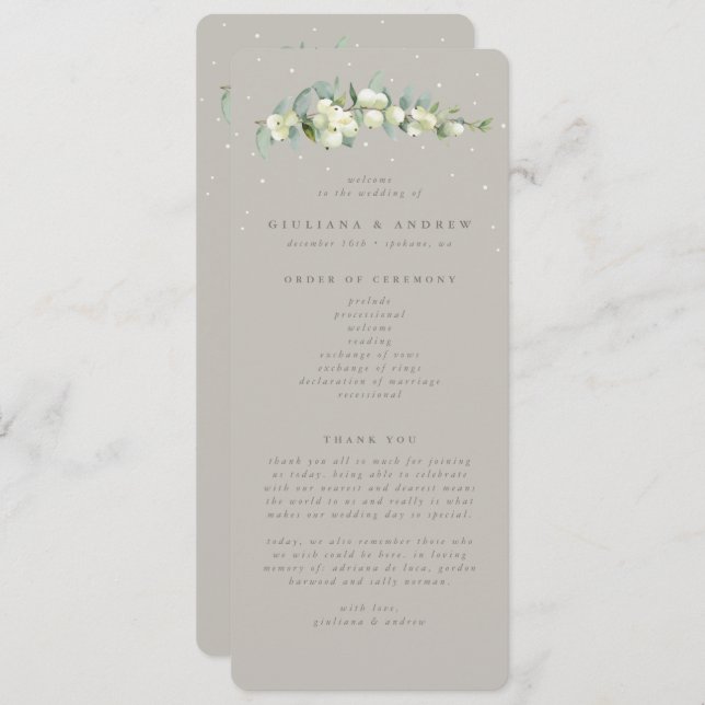 Greige Snowberry+Eucalyptus Stem Winter Wedding Programm (Vorne/Hinten)