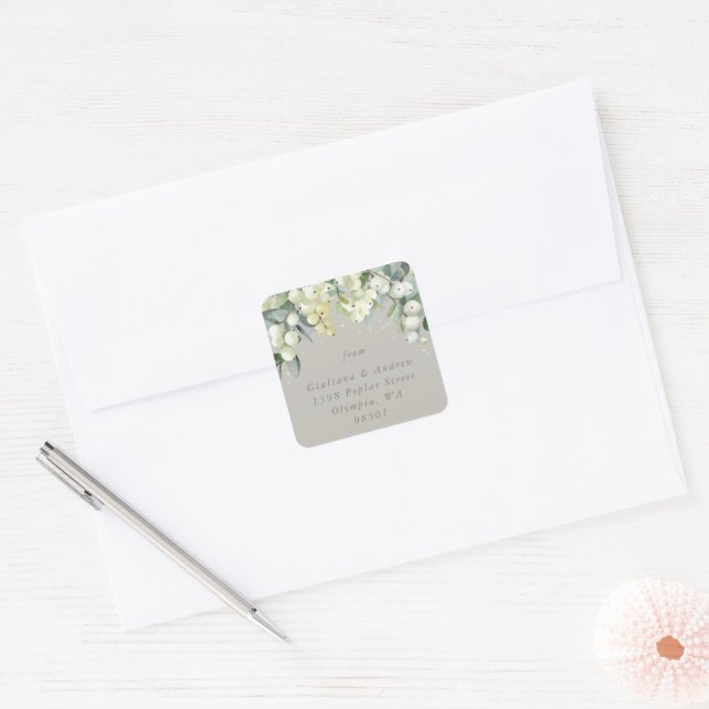 Greige Snowberry+Eucalyptus Wedding Address Quadratischer Aufkleber (Umschlag)