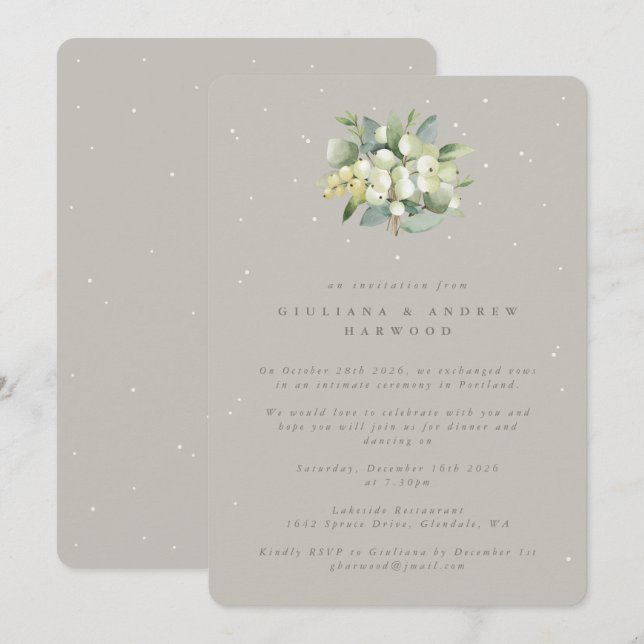 Greige Snowberry+Eucalyptus Wedding Empfang Einladung (Vorne/Hinten)