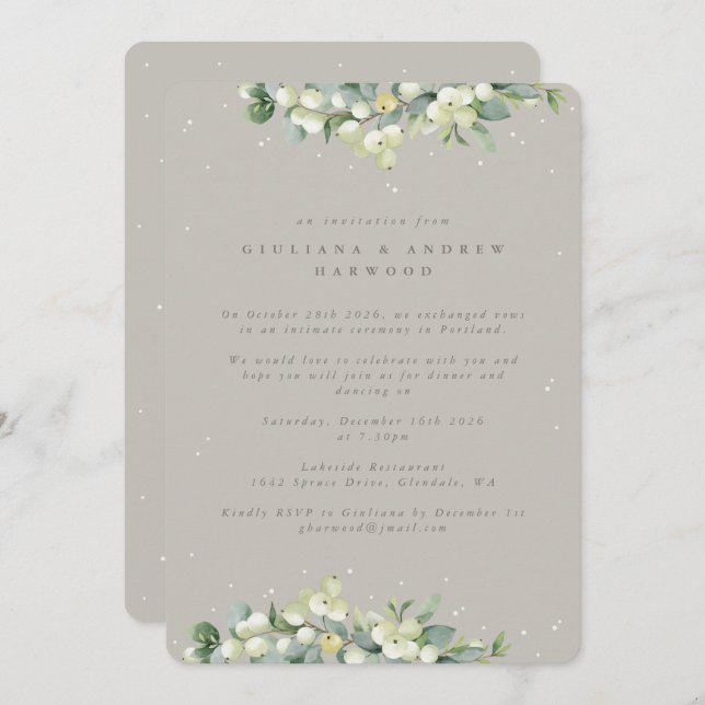 Greige Snowberry+Eucalyptus Wedding Empfang Einladung (Vorne/Hinten)