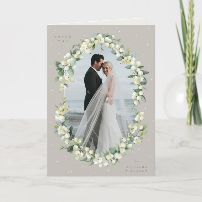 Greige Snowberry+Eucalyptus Wedding Foto geklappt Dankeskarte (Vorderseite)