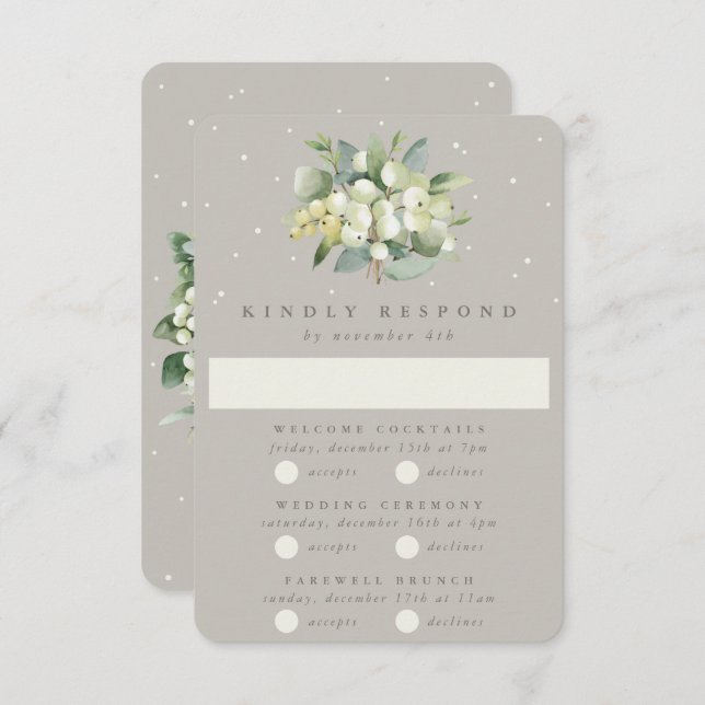Greige Snowberry+Eucalyptus Wedding Multi-Event RSVP Karte (Vorne/Hinten)
