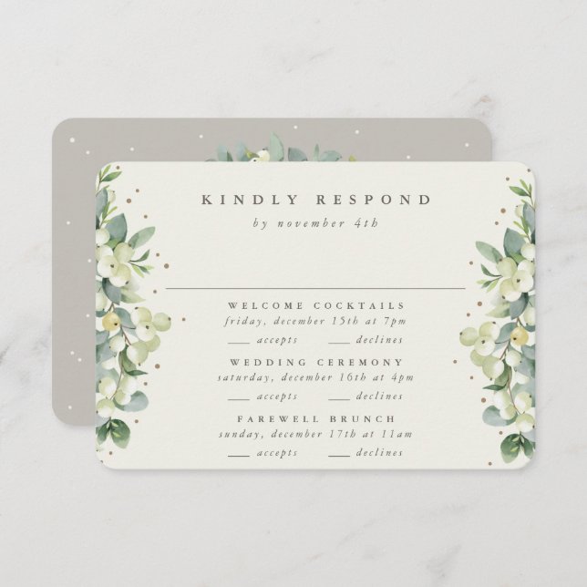 Greige Snowberry+Eucalyptus Wedding Multi-Event RSVP Karte (Vorne/Hinten)