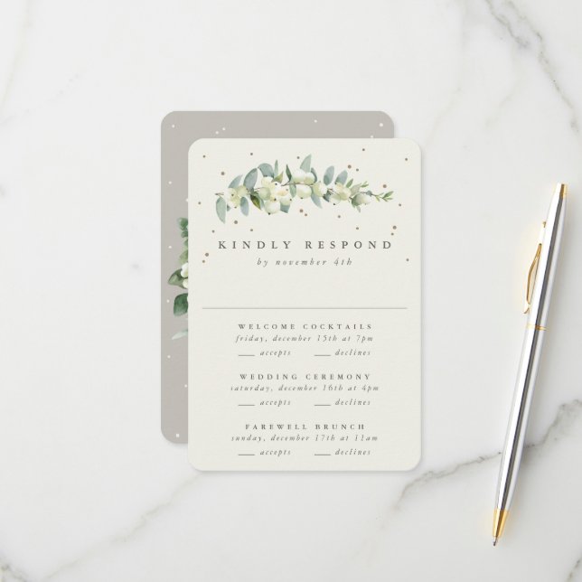 Greige Snowberry+Eucalyptus Wedding Multi-Event RSVP Karte (Vorderseite/Rückseite Beispiel)