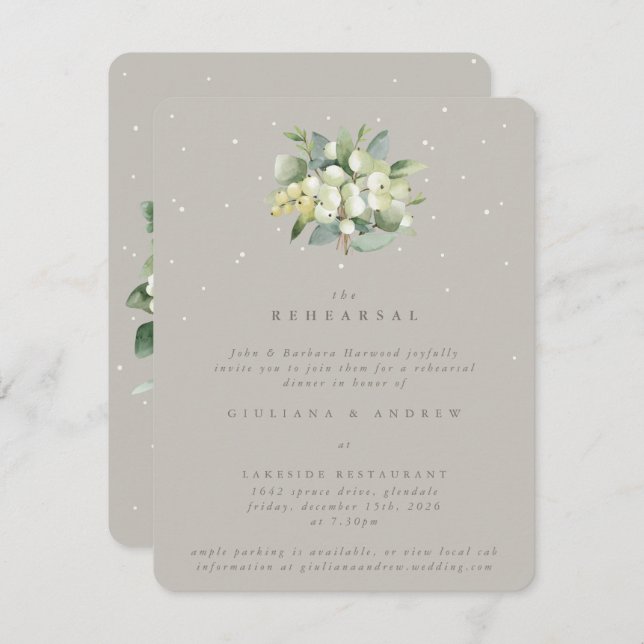 Greige Snowberry+Eucalyptus Wedding Probe Begleitkarte (Vorne/Hinten)