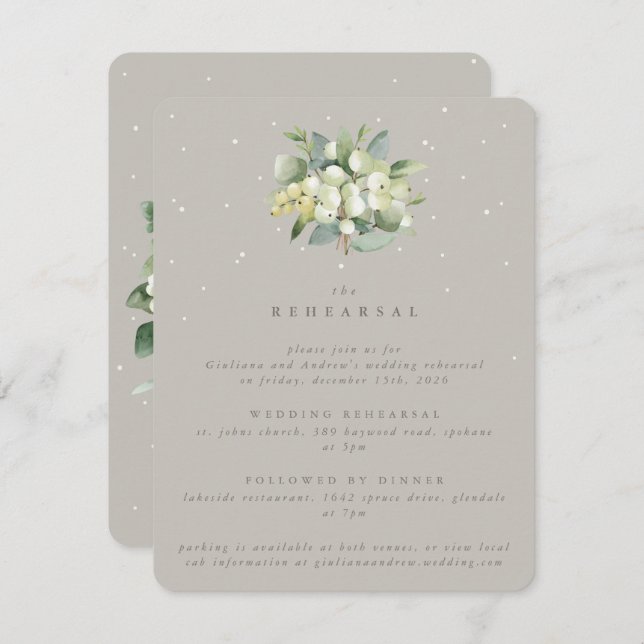 Greige Snowberry+Eucalyptus Wedding Probe Begleitkarte (Vorne/Hinten)