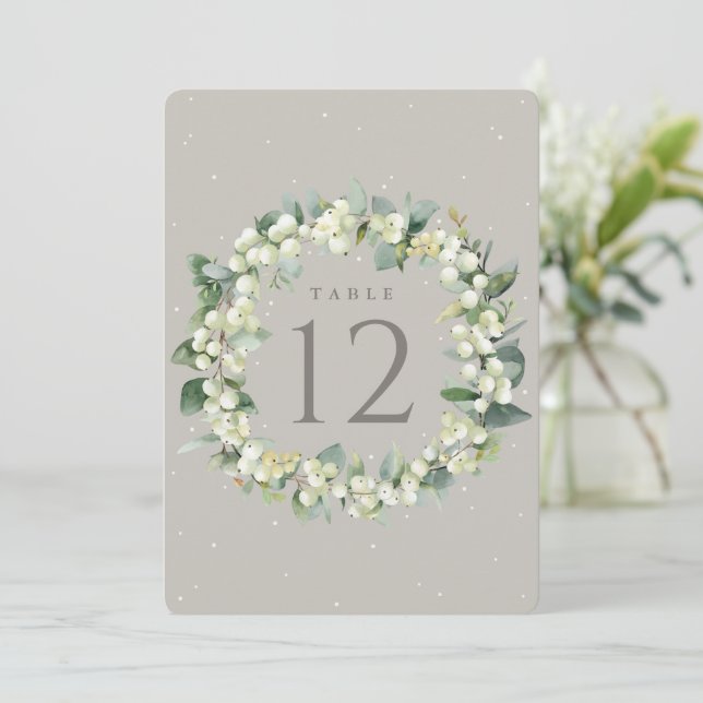Greige Snowberry+Eucalyptus Wedding Tischnummer (Stehend Vorderseite)