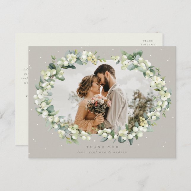 Greige Snowberry+Eucalyptus Wedding Vielen Dank Postkarte (Vorne/Hinten)