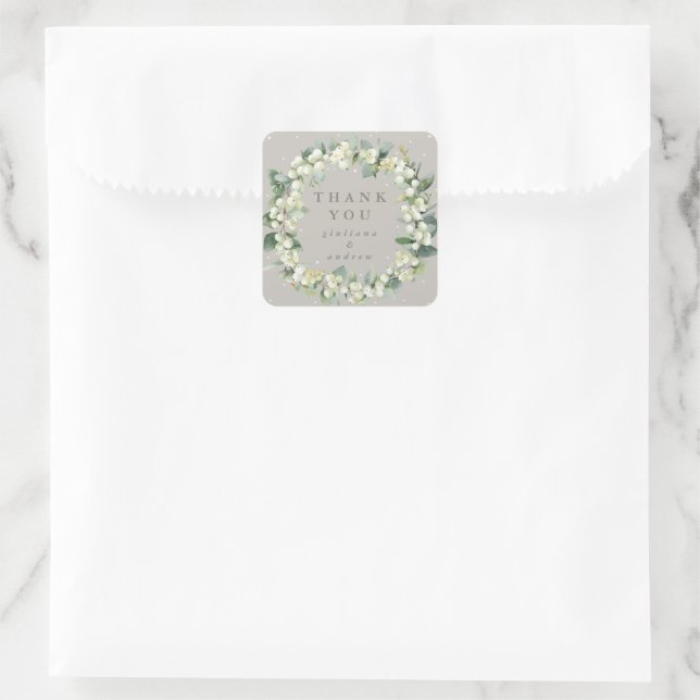 Greige Snowberry+Eucalyptus Wedding Vielen Dank Quadratischer Aufkleber (Tasche)