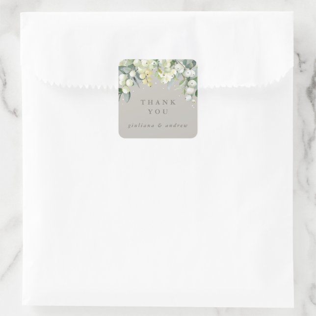 Greige Snowberry+Eucalyptus Wedding Vielen Dank Quadratischer Aufkleber (Tasche)