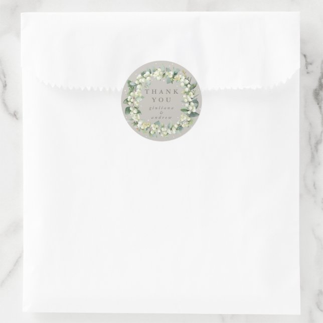 Greige Snowberry+Eucalyptus Wedding Vielen Dank Runder Aufkleber (Tasche)