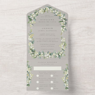 Greige Snowberry+Eucalyptus Winter Wedding All In One Einladung