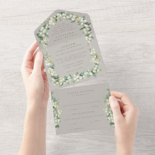 Greige Snowberry+Eucalyptus Winter Wedding All In One Einladung