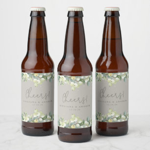 Greige Snowberry+Eucalyptus Winter Wedding Bierflaschenetikett