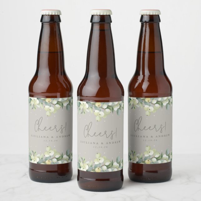 Greige Snowberry+Eucalyptus Winter Wedding Bierflaschenetikett (Flaschen)