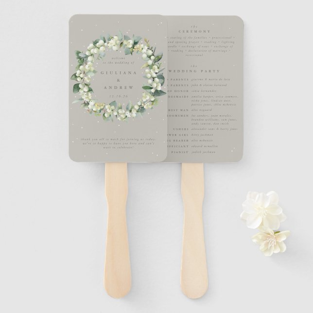 Greige Snowberry+Eucalyptus Winter Wedding Fächer (Vorne und Hinten)
