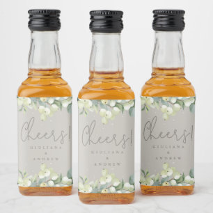 Greige Snowberry+Eucalyptus Winter Wedding Mini Alkoholflaschenetikett