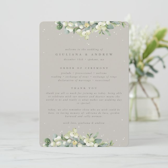 Greige Snowberry+Eucalyptus Winter Wedding Programm (Stehend Vorderseite)