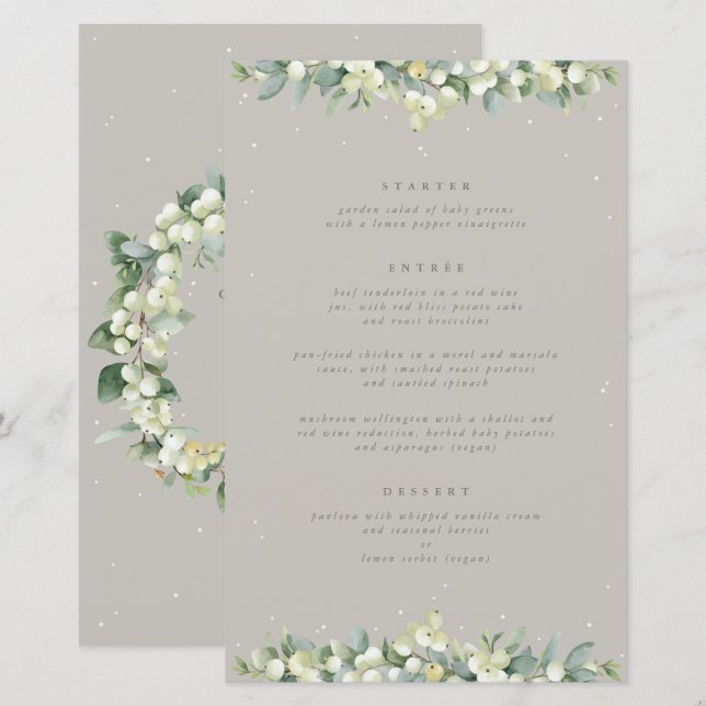 Greige Snowberry+Eukalyptus 3 Course Wedding Menu (Vorne/Hinten)