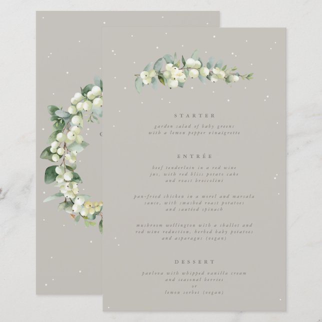 Greige Snowberry+Eukalyptus 3 Course Wedding Menu (Vorne/Hinten)